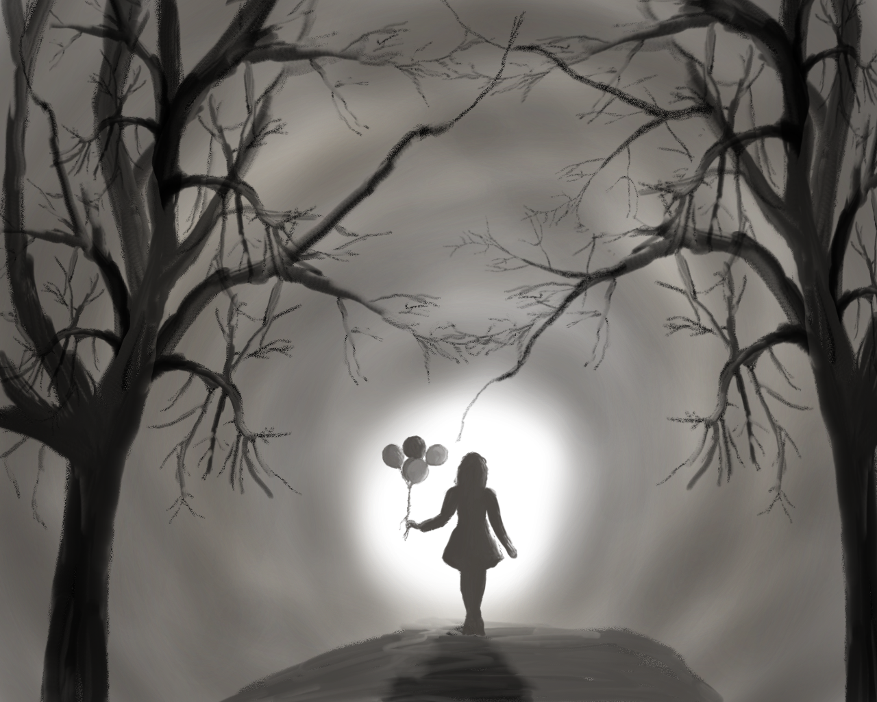 Girl standing on mountain, holding balloons.