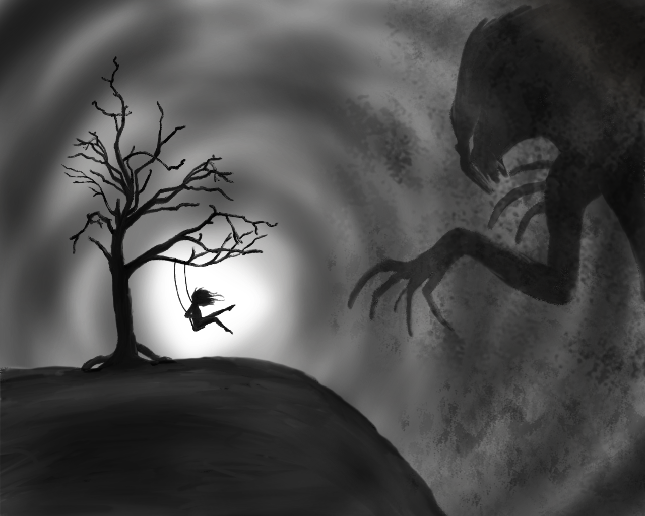 Girl on a swing with a demon to the side.